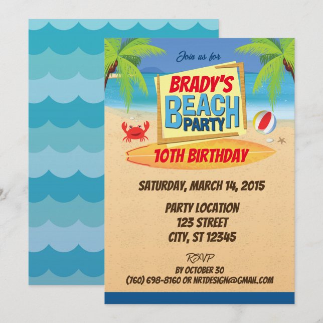 Invitación de cumpleaños del Fiesta de playa (Anverso / Reverso)
