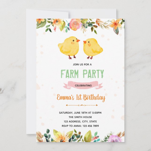 Invitación de cumpleaños del fiesta de pollo de pr (Anverso)