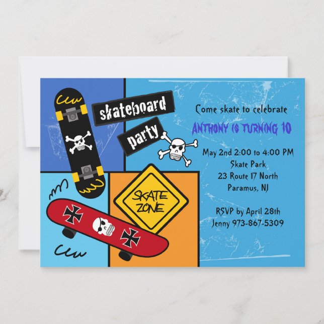 Invitación de cumpleaños del Fiesta de skateboard (Anverso)