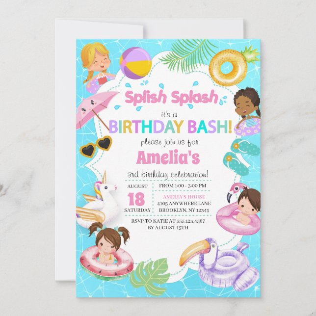 Invitación de cumpleaños del Fiesta de Splash Pool (Anverso)