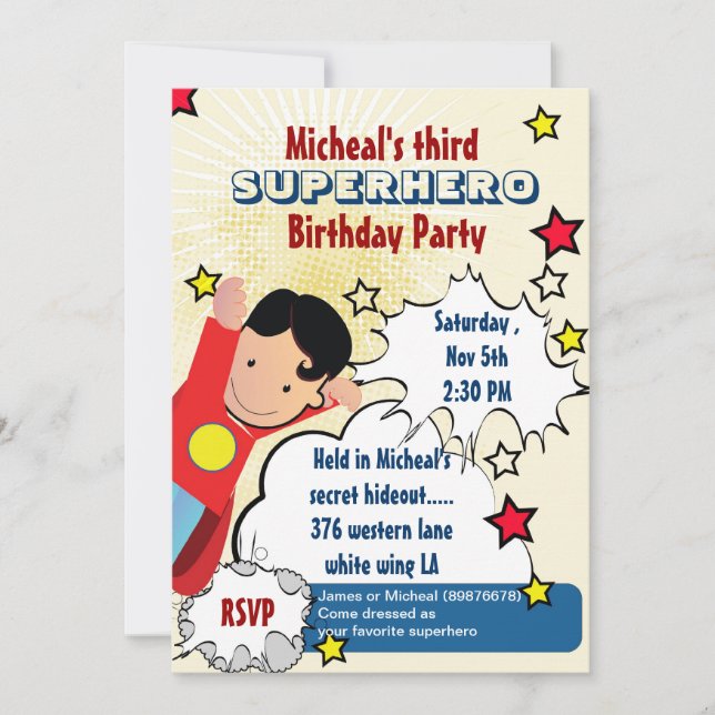 Invitación de cumpleaños del Fiesta de superhéroes (Anverso)