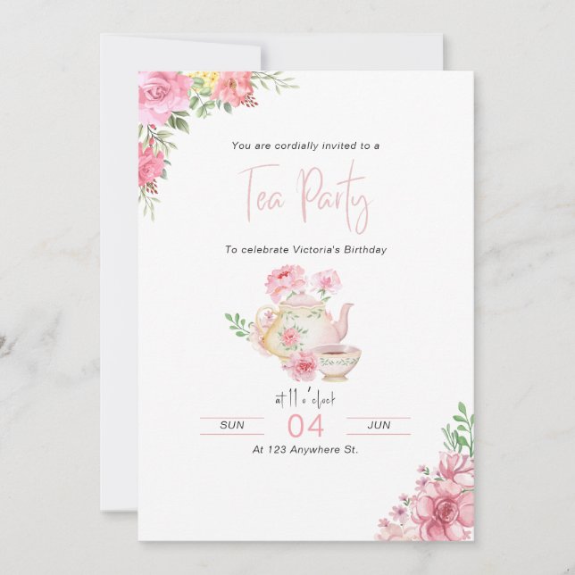 Invitación de cumpleaños del Fiesta de té con flor (Anverso)