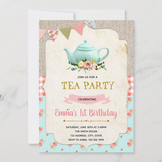 Invitación de cumpleaños del fiesta de té de época (Anverso)