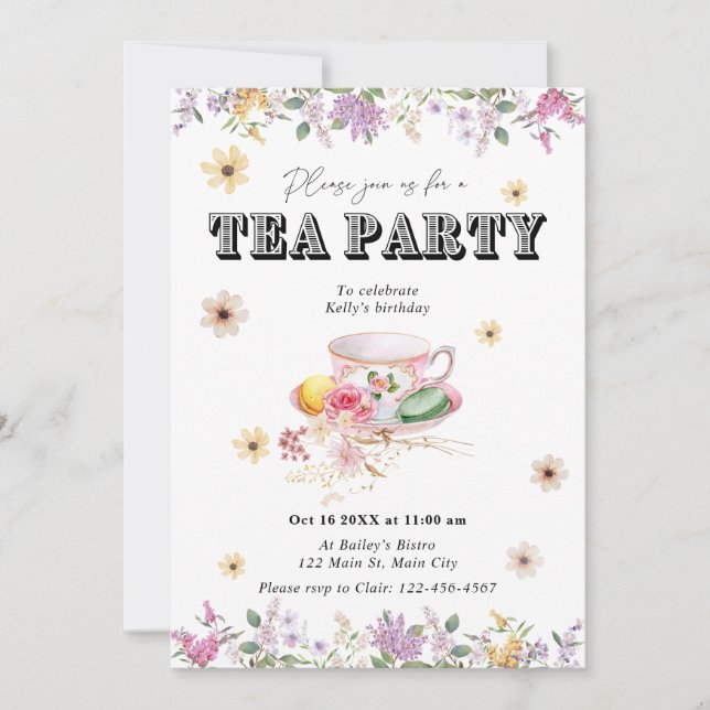 Invitación de cumpleaños del Fiesta de té de flore (Anverso)