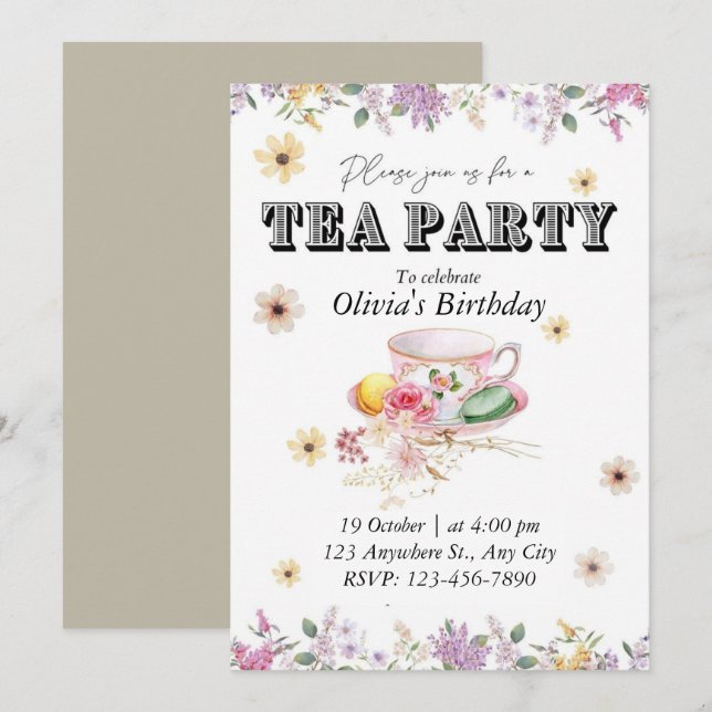 Invitación de cumpleaños del Fiesta de té de flore (Anverso / Reverso)
