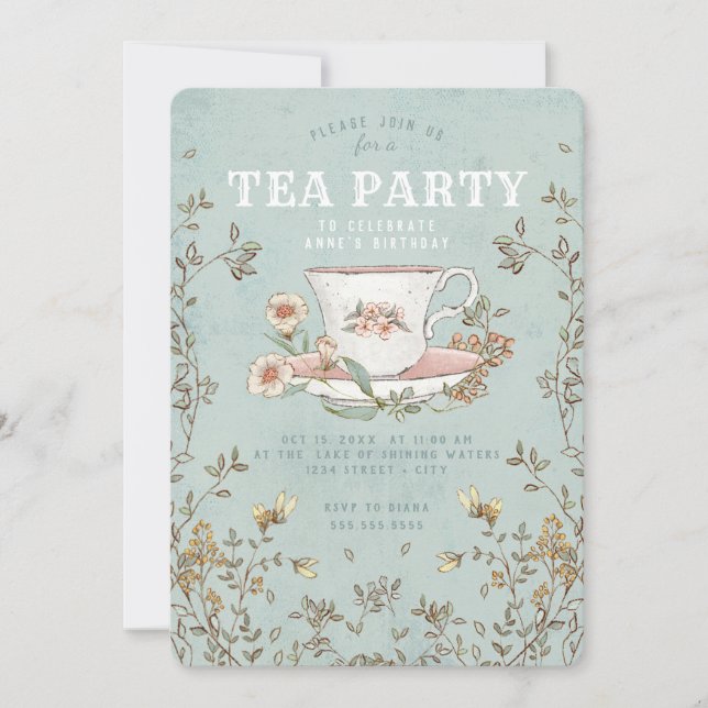 Invitación de cumpleaños del Fiesta de té de flore (Anverso)
