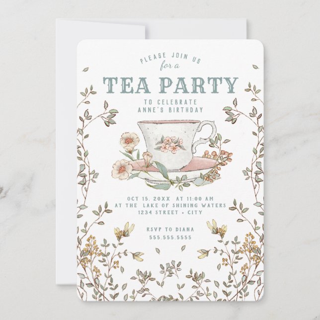 Invitación de cumpleaños del Fiesta de té de flore (Anverso)