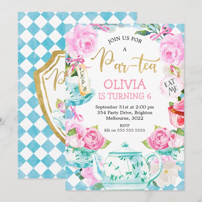 Invitación de cumpleaños del Fiesta de té de pera (Anverso / Reverso)