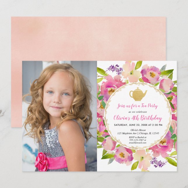 Invitación de cumpleaños del Fiesta de té, foto de (Anverso / Reverso)