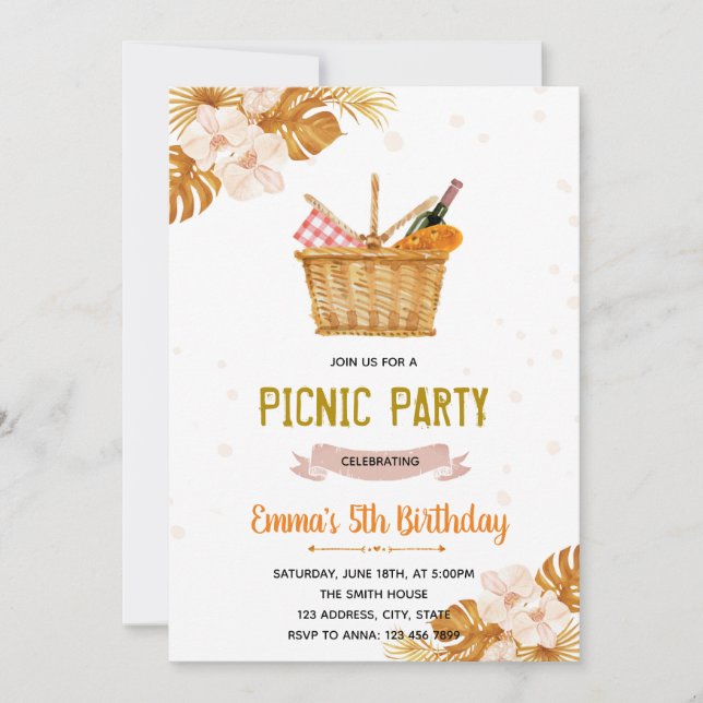 Invitación de cumpleaños del fiesta de té picnic B (Anverso)