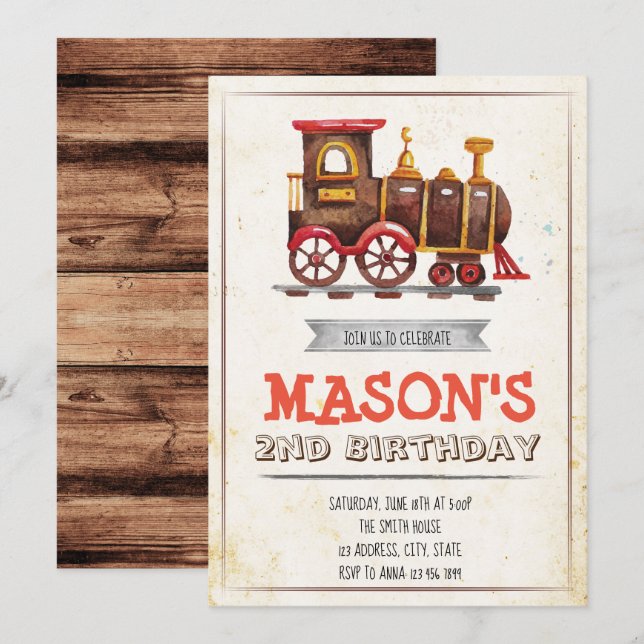 Invitación de cumpleaños del fiesta de trenes de é (Anverso / Reverso)