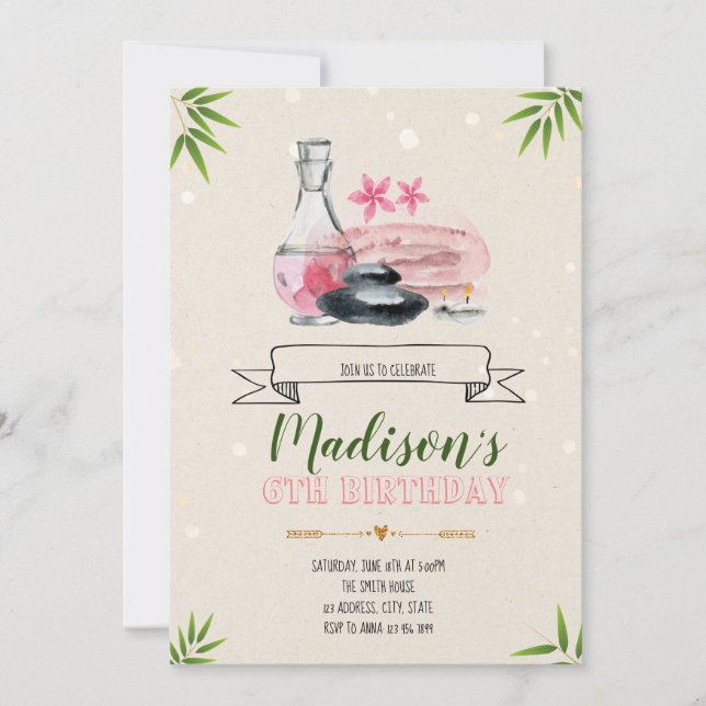 Invitación de cumpleaños del fiesta del día de Spa (Anverso)