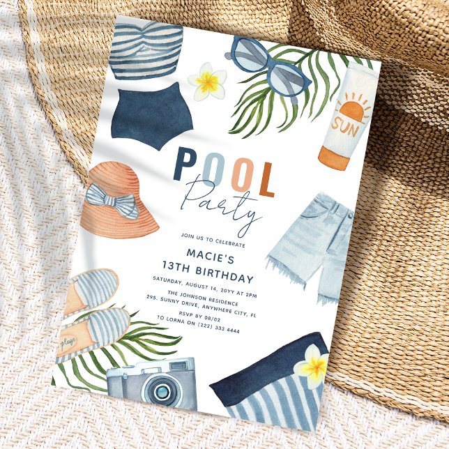 Invitación de cumpleaños del Fiesta del grupo de C (Girly Pool Party Birthday Invitation)