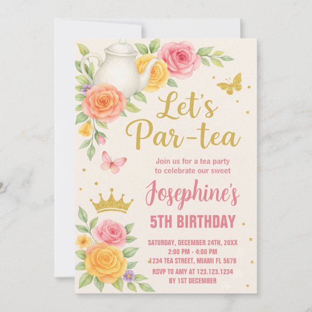 Invitación de cumpleaños del Fiesta del té de la p (Anverso)