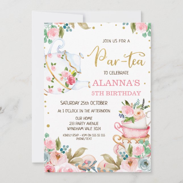 Invitación de cumpleaños del Fiesta del té de Par- (Anverso)