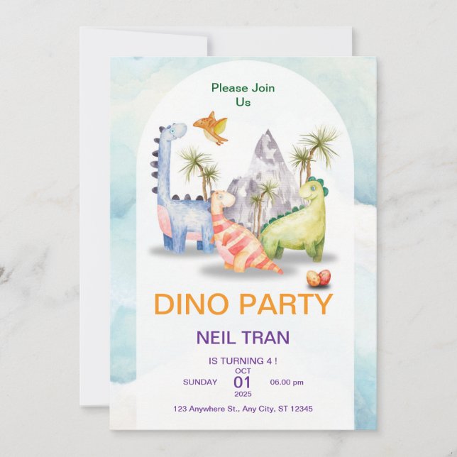 Invitación de cumpleaños del Fiesta Dino - Niños P (Anverso)