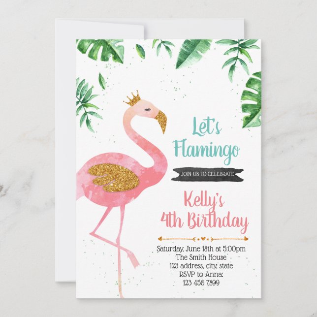 Invitación de cumpleaños del fiesta flamingo (Anverso)
