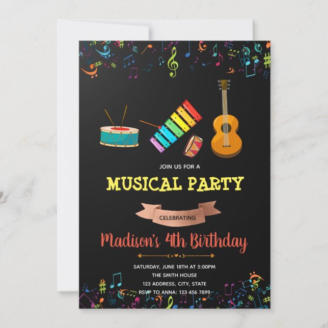 Invitación de cumpleaños del fiesta musical (Anverso)
