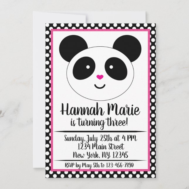 Invitación de cumpleaños del Fiesta Polkadot Panda (Anverso)