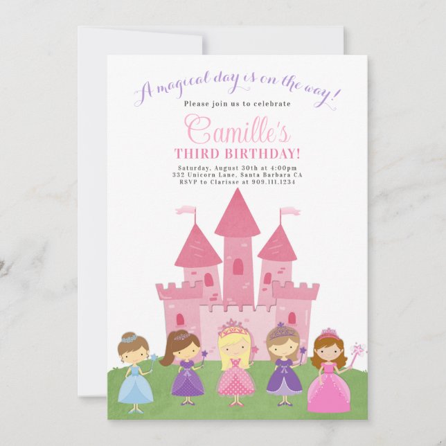 Invitación de cumpleaños del Fiesta Princesa Casti (Anverso)