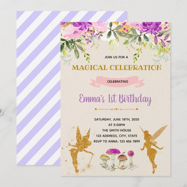Invitación de cumpleaños del fiesta Purple Hadas (Anverso / Reverso)