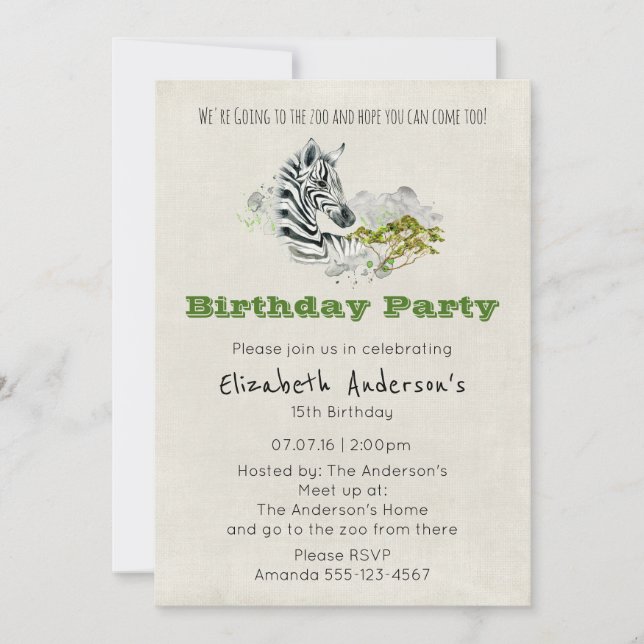Invitación de cumpleaños del Fiesta Safari Zebra Z (Anverso)