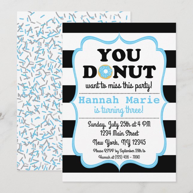 Invitación de cumpleaños del Fiesta Sprinkle Donut (Anverso / Reverso)