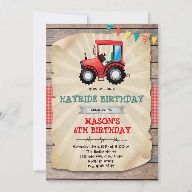 Invitación de cumpleaños del fiesta tractor rojo (Anverso)
