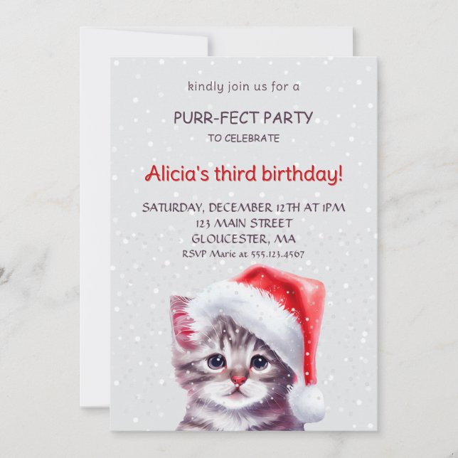 Invitación de cumpleaños del gato lindo. (Anverso)