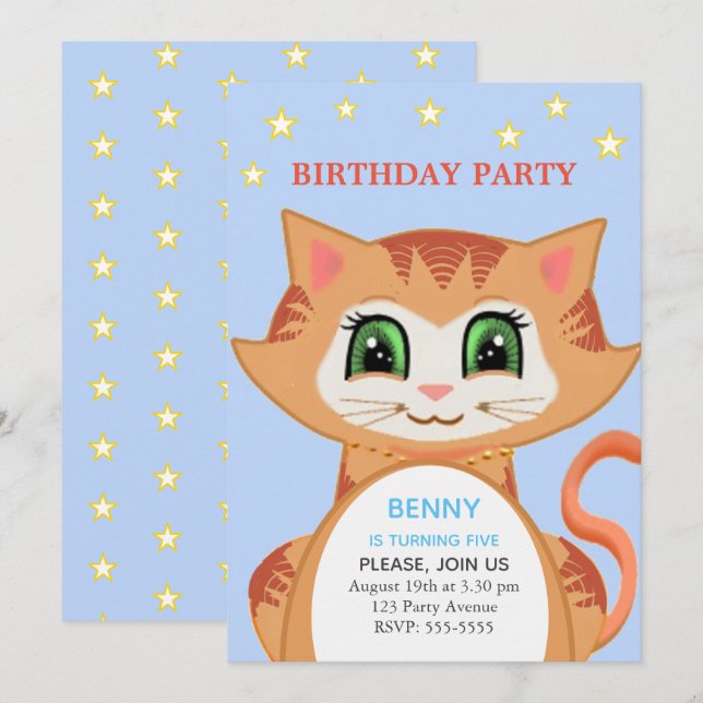Invitación de cumpleaños del gato naranja para el  (Anverso / Reverso)