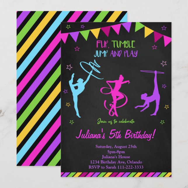 Invitación de cumpleaños del Gimnastic negro color (Anverso / Reverso)