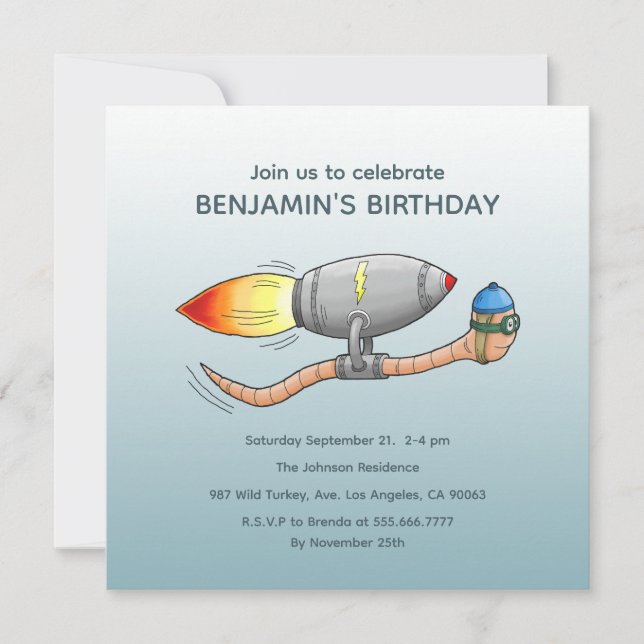 Invitación de cumpleaños del gusano cohete rápido (Anverso)