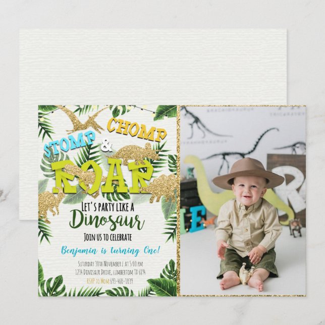 Invitación de cumpleaños del jurado de dinosaurio  (Anverso / Reverso)