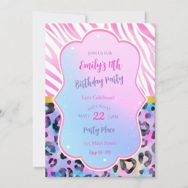 Invitación de cumpleaños del leopardo de cebra neó (Anverso)