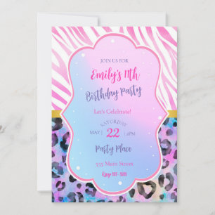 Invitación de cumpleaños del leopardo de cebra neó