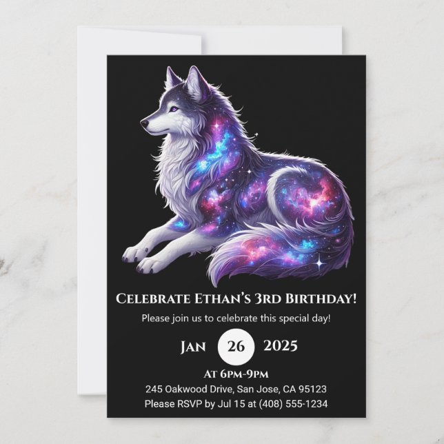 Invitación de cumpleaños del lobo celestial descan (Anverso)