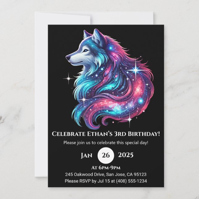 Invitación de cumpleaños del lobo de ola celestial (Anverso)
