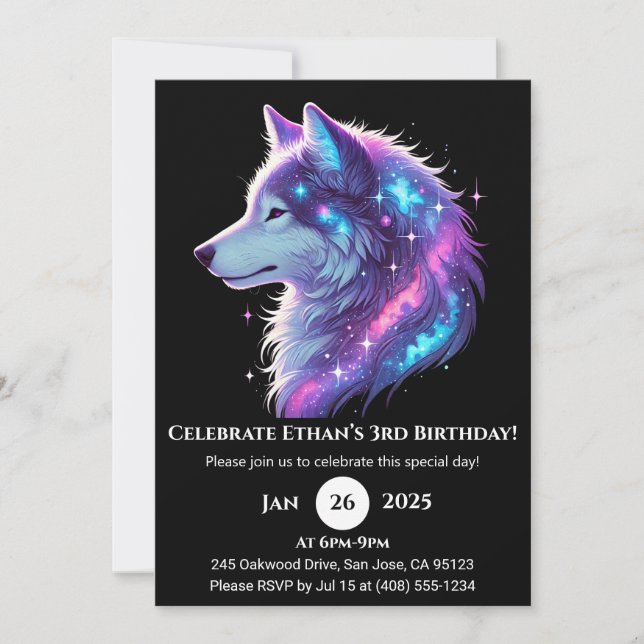 Invitación de cumpleaños del lobo de resplandor ga (Anverso)