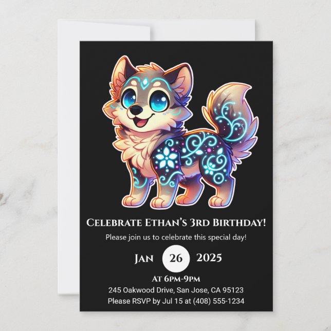 Invitación de cumpleaños del lobo de sangre celest (Anverso)
