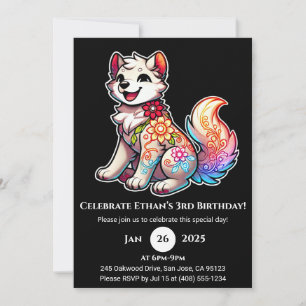Invitación de cumpleaños del lobo floral alegre