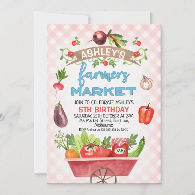 Invitación de cumpleaños del mercado para granjero (Anverso)