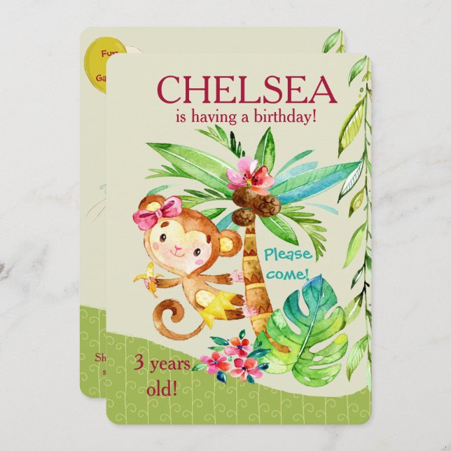 Invitación de cumpleaños del mono feliz de Girly (Anverso / Reverso)