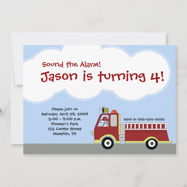 Invitación de cumpleaños del motor de bomberos (Anverso)