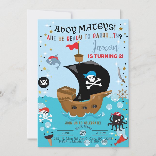 Invitación de cumpleaños del muchacho del barco pi (Anverso)