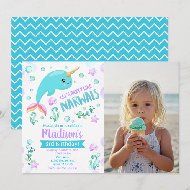 Invitación de cumpleaños del narval bajo el mar (Anverso / Reverso)