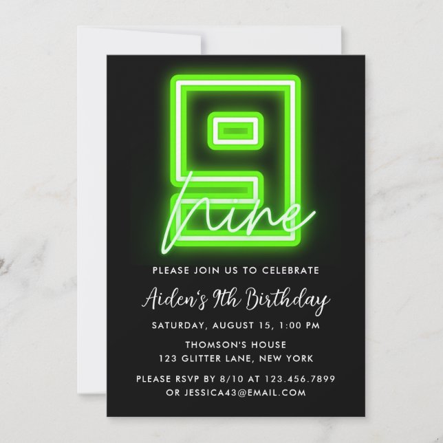 Invitación de cumpleaños del Neon Green 9 (Anverso)
