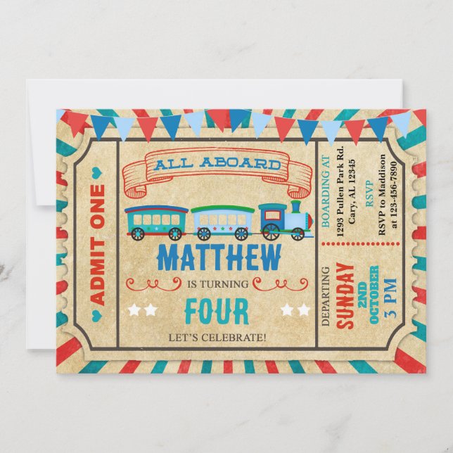 Invitación de cumpleaños del niño con boleto de tr (Anverso)