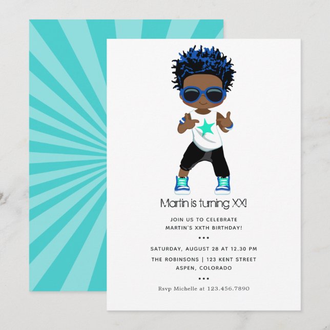 Invitación de cumpleaños del niño con tema Hip Hop (Anverso / Reverso)