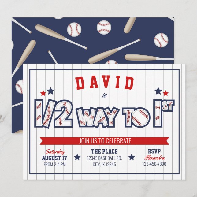 Invitación de cumpleaños del niño de béisbol 1/2 (Anverso / Reverso)