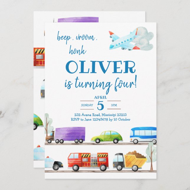 Invitación de cumpleaños del niño de transporte (Anverso / Reverso)